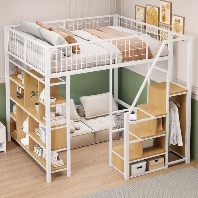 Letto a soppalco multifunzionale 140 x 200 cm, letto in metallo con contenitore, ripiani e scala - Bianco (Vecchio SKU LDB00273AAK)