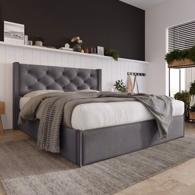 Letto matrimoniale con struttura a molle MODFU, imbottito, dimensioni 160x200 cm, con meccanismo idraulico, rete a doghe in metallo, senza materasso, colore grigio