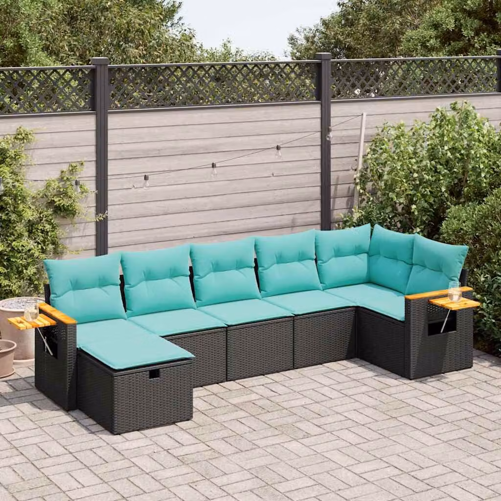 Set Divano da Giardino a L con 7 Cuscini vidaXL in Polyrattan e Metallo, Colore Nero, Blu o Turchese