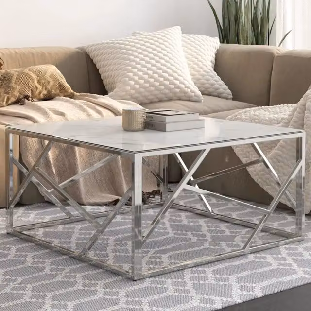 Tavolino da salotto moderno vidaXL in vetro bianco e metallo argento con design quadrato – 1
