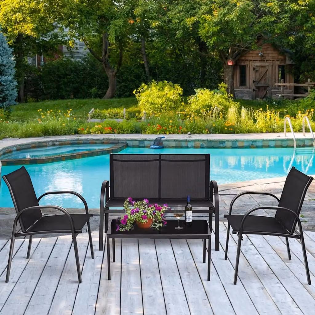 Set da Giardino Costway da 4 Pezzi con Tavolino in Vetro e Sedie in Tessuto a Rete Nero – 2