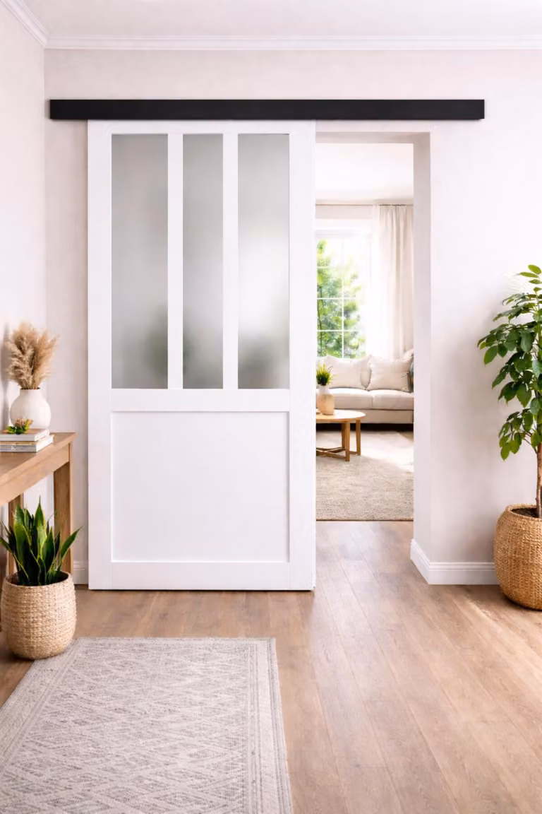 Porta scorrevole da laboratorio bianca con vetro opacizzato H204 x L73 cm, binario in alluminio con bandeau nero, GD MENUISERIES