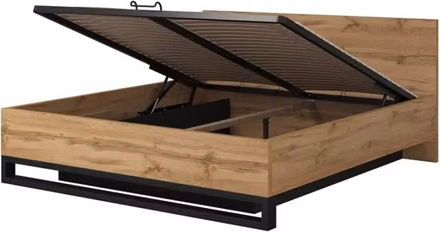 Letto contenitore stile industriale MEUBLORAMA Collezione MILOS colore rovere grezzo e nero L/P/H: 180 x 200 x 108.6 cm