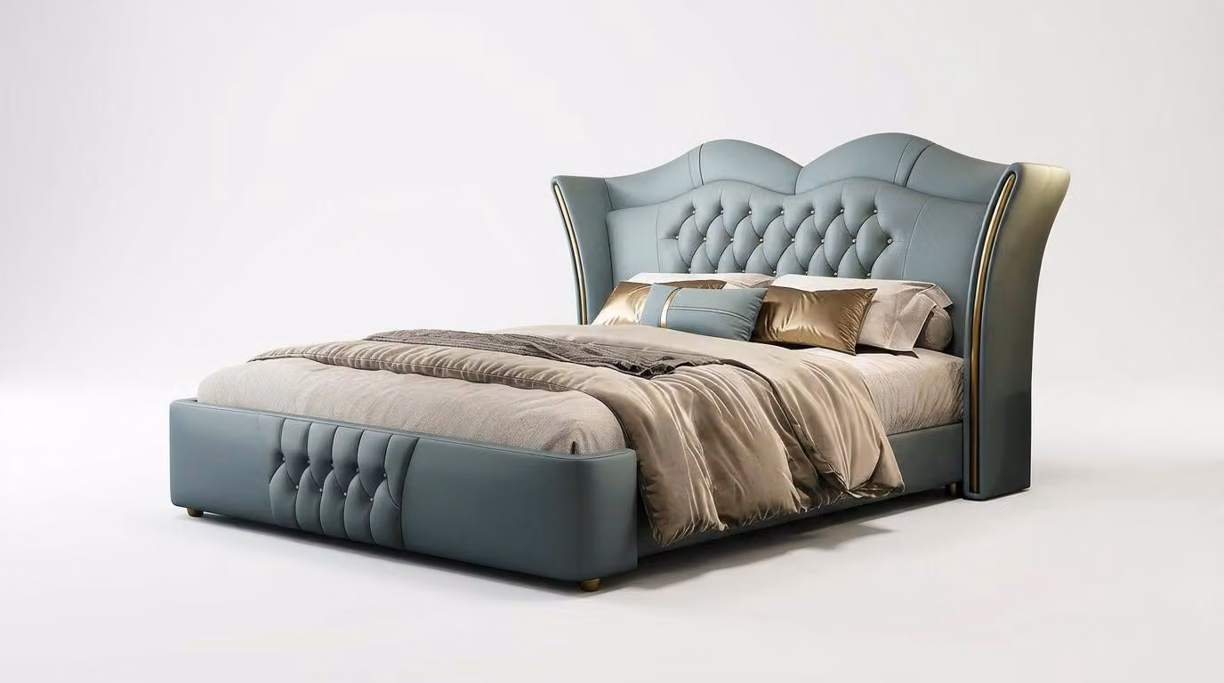 Letto matrimoniale imbottito, colore blu, design moderno, elegante e lussuoso