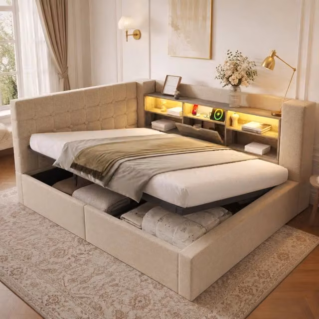 Letto contenitore Mivray con testiera a L reversibile, illuminazione LED, porte USB e mensola integrata, rivestito in tessuto beige, L/P: 140 x 200 cm