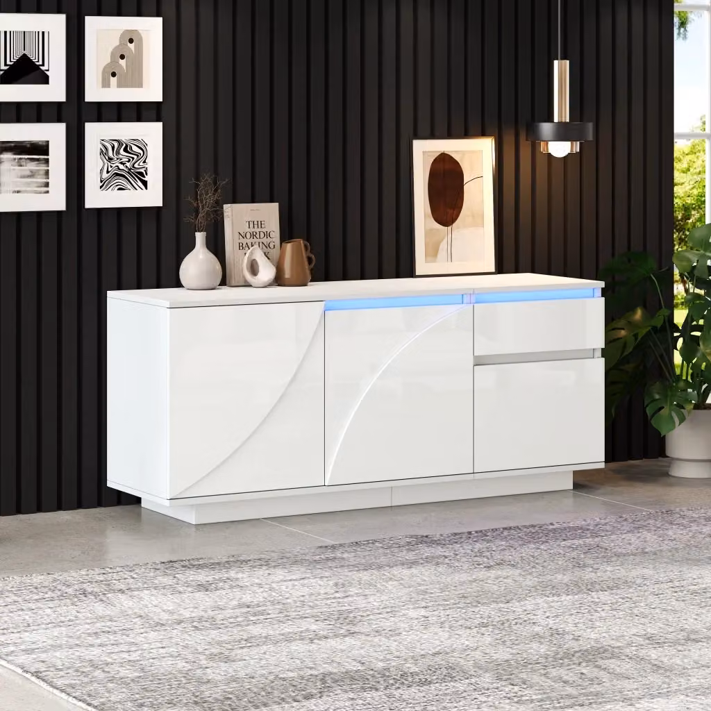 Madia moderna Mivray in MDF bianco lucido con LED controllabili tramite app, 3 ante, cassetto e ripiani regolabili, L: 140 cm, P: 40 cm, H: 60 cm – 2