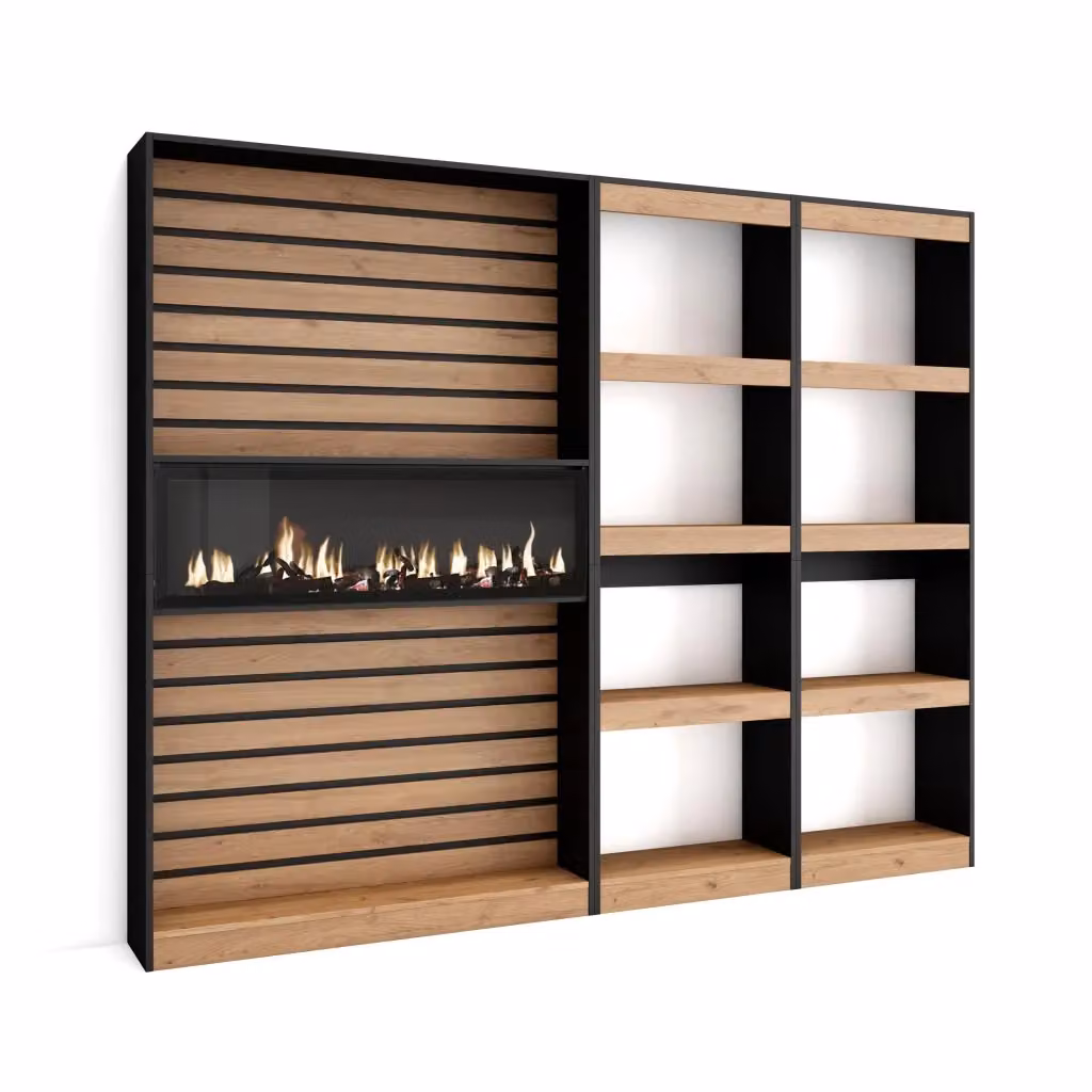 Libreria con camino elettrico SKRAUT HOME per soggiorno o ufficio, colore Rovere e nero, L: 230 cm, P: 25 cm, H: 186 cm – 2