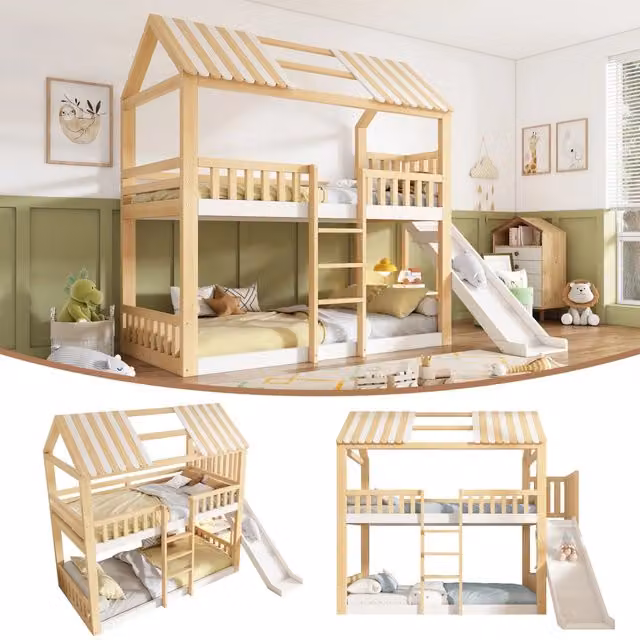 Letto a Castello 90x200 in Legno con Scivolo e Tetto a Casetta; Bianco e Naturale