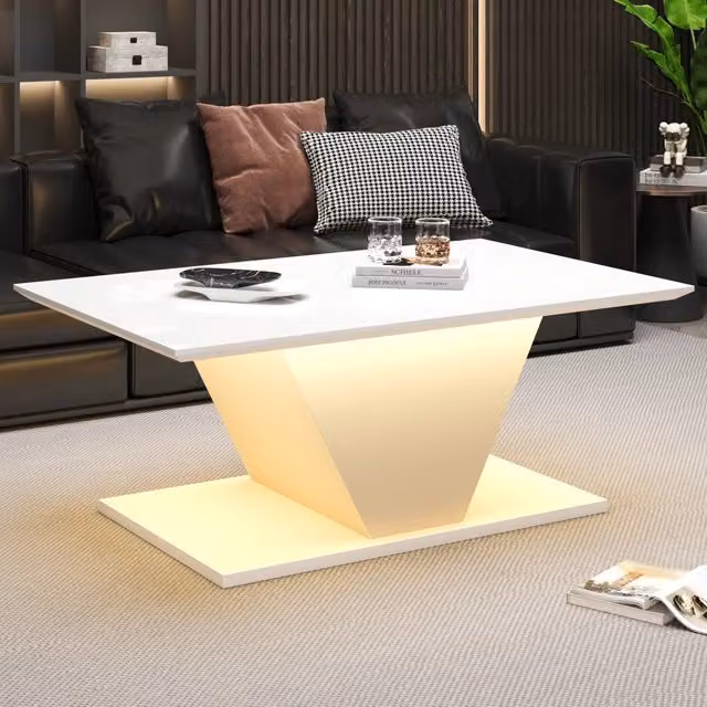 Tavolino da Caffè V-Forma 100x50x46 cm con Luci LED, Bianco Lucido, Tavolo da Salotto per Spazi Piccoli