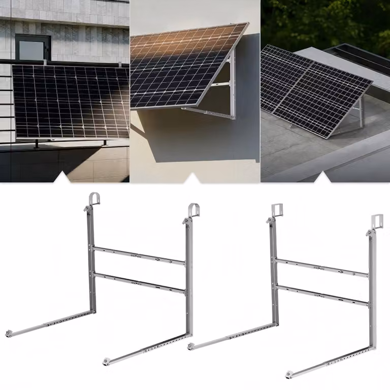 Supporto fotovoltaico per balcone, adatto a ringhiere, tetti piani e pareti, per il montaggio di pannelli solari. Include ganci a testa piatta per il montaggio di 2 pannelli solari