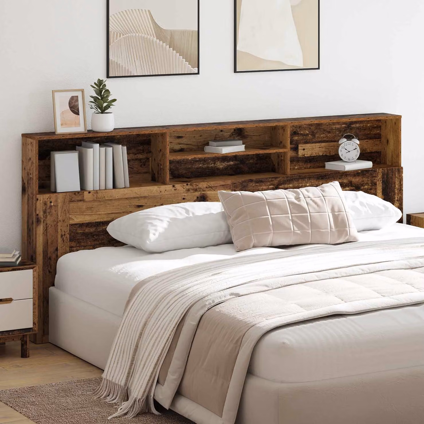 Testata del letto moderna vidaXL in legno ingegnerizzato marrone con ripiani integrati L: 220 cm, H: 101,5 cm, P: 19 cm