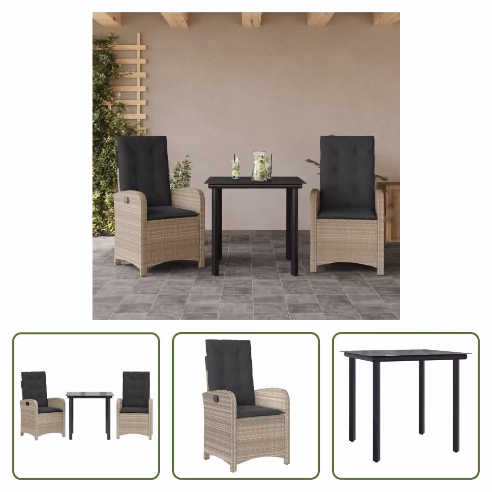 The Living Store Set da pranzo da giardino 3 pezzi con cuscini in rattan grigio chiaro