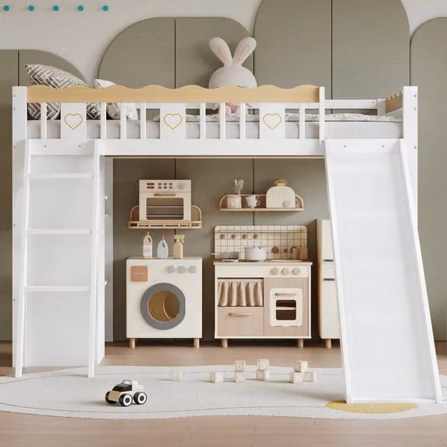 Letto alto per bambini con scivolo, 90x200 cm, armadio e ripiano sotto il letto, recinzione a 4 lati, pino/MDF/compensato, Bianco/Naturale