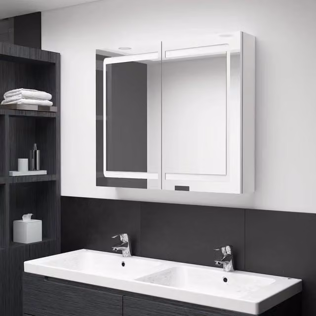 Armadietto Bagno con Specchio e LED-Mobile bagno con specchio Bianco Lucido 80x12x68 cm
