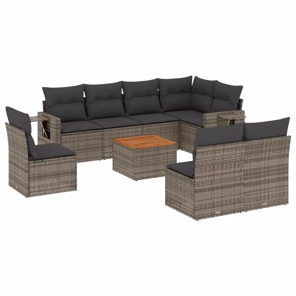 vidaXL Set Divano da Giardino 9 pz a L in Polyrattan Grigio con Cuscini e Tavolino – 2