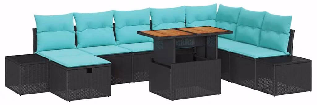 Set da giardino composto da 9 pezzi, colore nero, realizzato in rattan sintetico