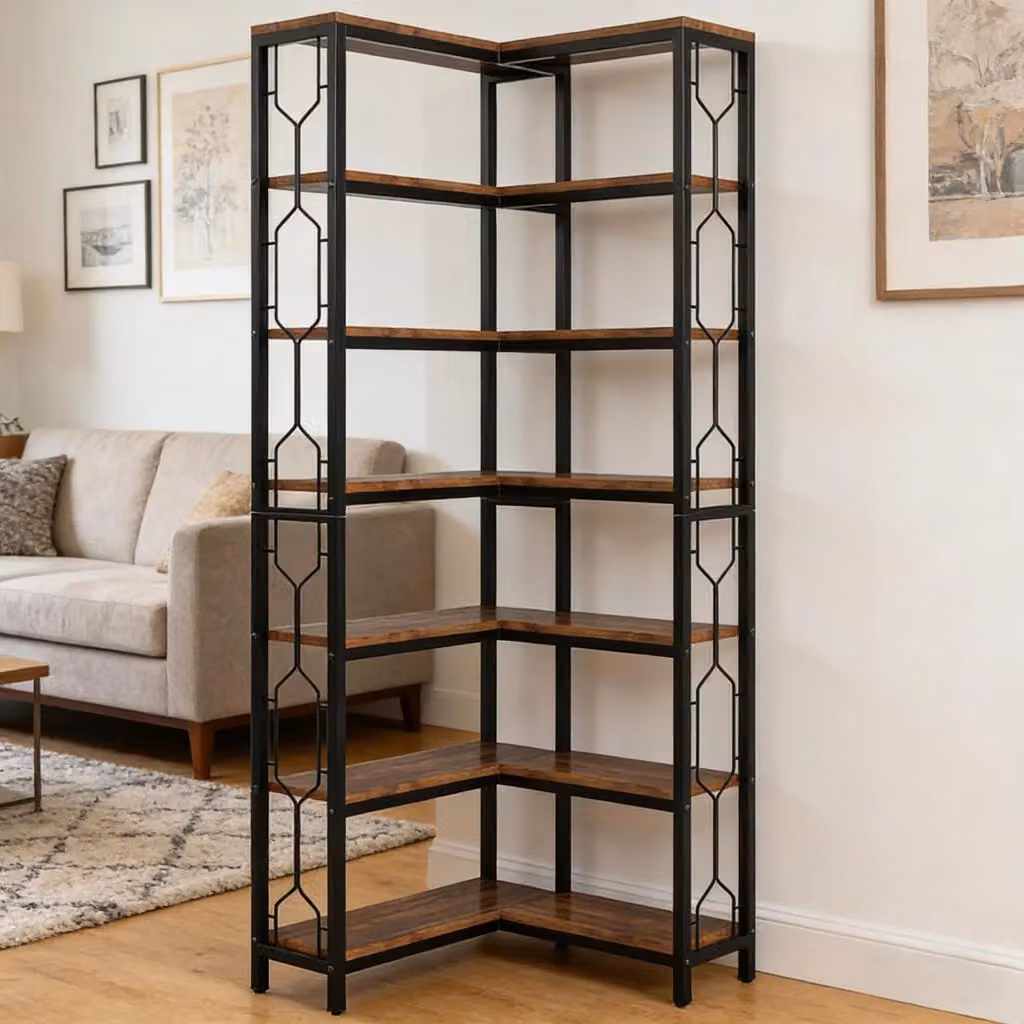 Libreria angolare moderna OKWISH con 7 ripiani in metallo e legno MDF per soggiorno e ufficio, nero e marrone, H: 107 cm, L: 29,5 cm, P: 27,5 cm – 2