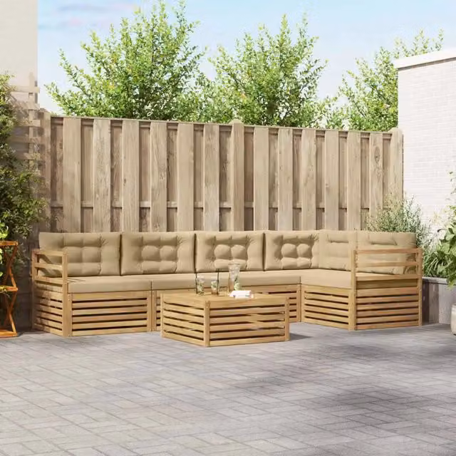 Set di divani da esterno a L con tavolino vidaXL in legno di acacia, colore bianco e beige, composto da 6 pezzi con cuscini inclusi