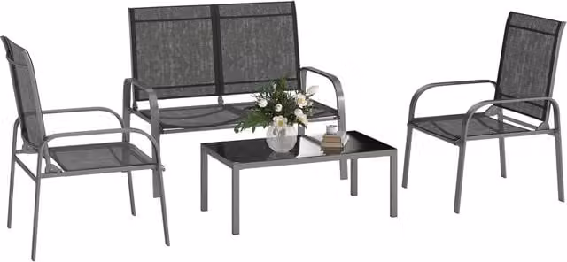 Set da Giardino 4 Pezzi Giordanoshop con Divano a 2 Posti, 2 Sedie e Tavolino con Piano in Vetro, Struttura in Acciaio Verniciato a Polvere e Rivestimento in Textilene Nero