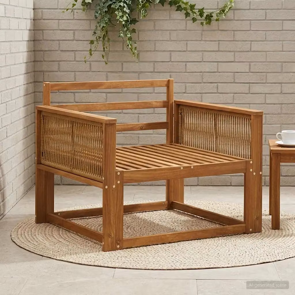 Divano centrale da esterno in legno di acacia naturale con cuscini marroni e resistenza ai raggi UV – 2