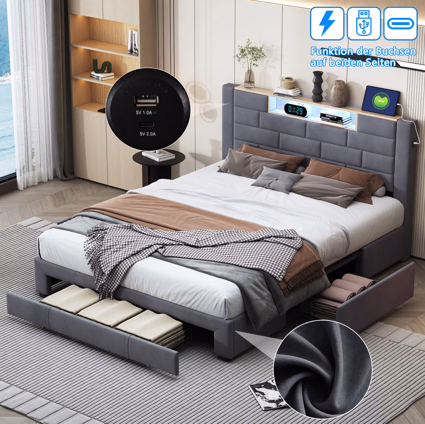 Letto imbottito ProximaX 160x200 con funzione di ricarica USB&Typ-c, letto contenitore con rete a doghe, letto matrimoniale con 3 cassetti, letto per ragazzi Letto classico, velluto,