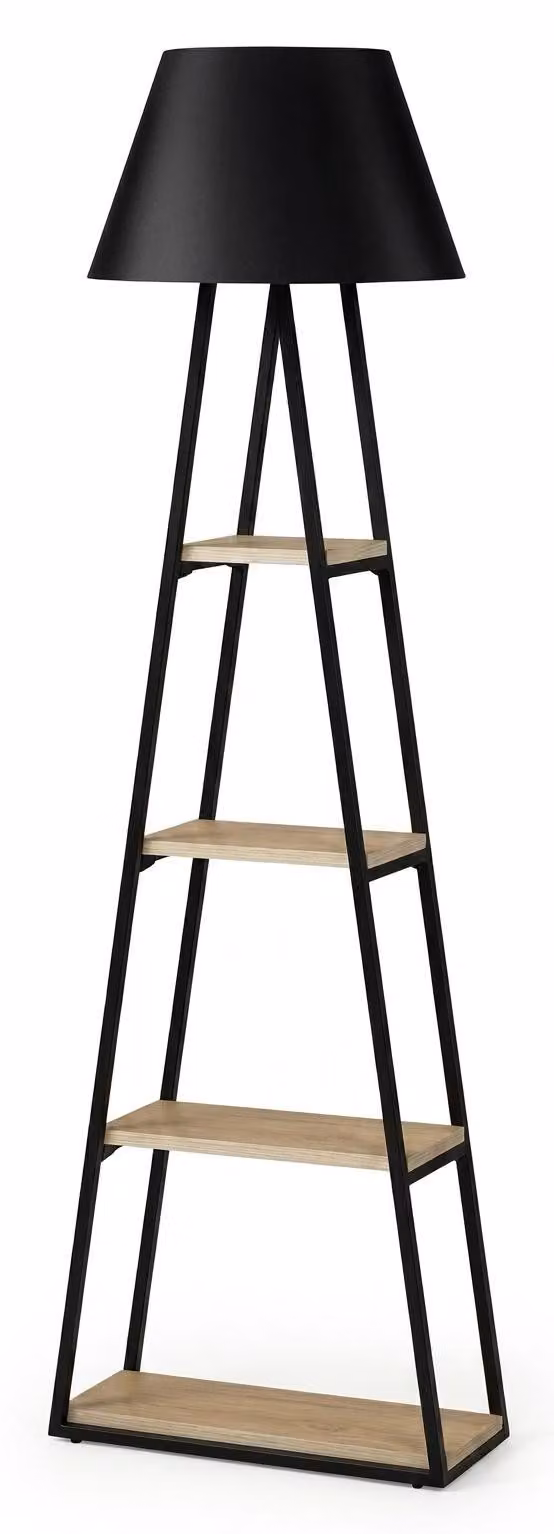 Lampada da terra, design industriale, scaffale, legno, nero, lampada