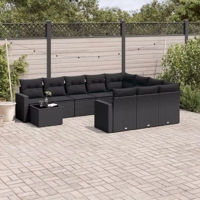 Set da giardino moderno vidaXL composto da 11 pezzi con poltrona lounge, elemento angolare, pouf, tavolino da caffè e cuscini neri in polyrattan e metallo – 1