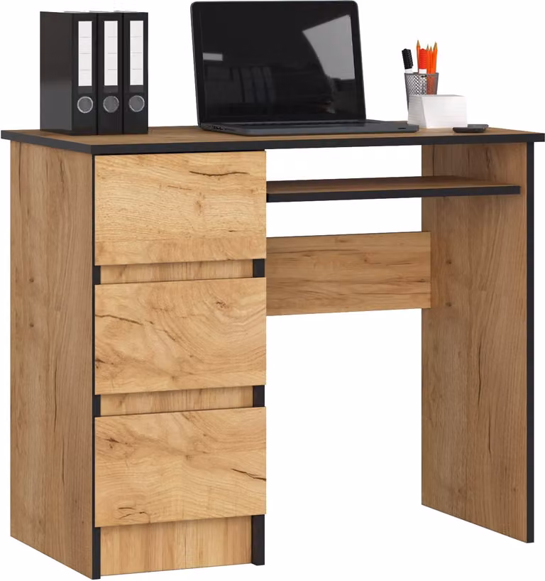 BDW, scrivania per computer con 3 cassetti, cassetto per tastiera, 90x77x50 cm, rovere artigianale (a sinistra)