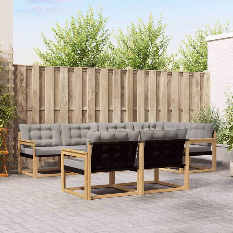 Set di divani da esterno vidaXL a forma di U composto da 7 pezzi in legno di acacia con cuscini in tessuto bianco e grigio