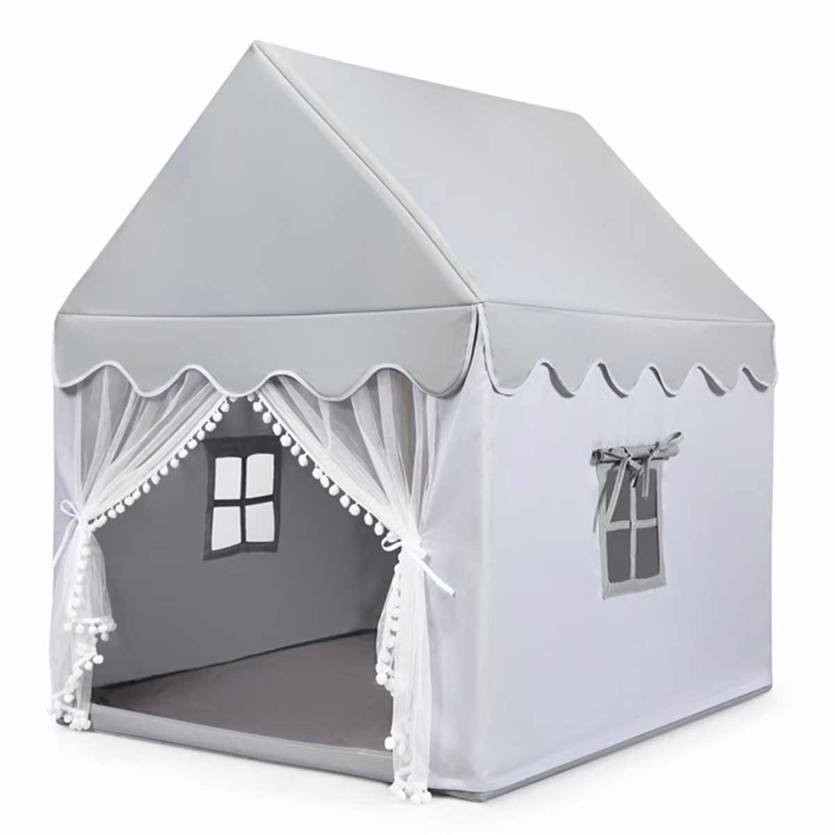 Tenda da gioco Costway per bambini con struttura in legno e materassino imbottito, casetta con finestre, Grigio