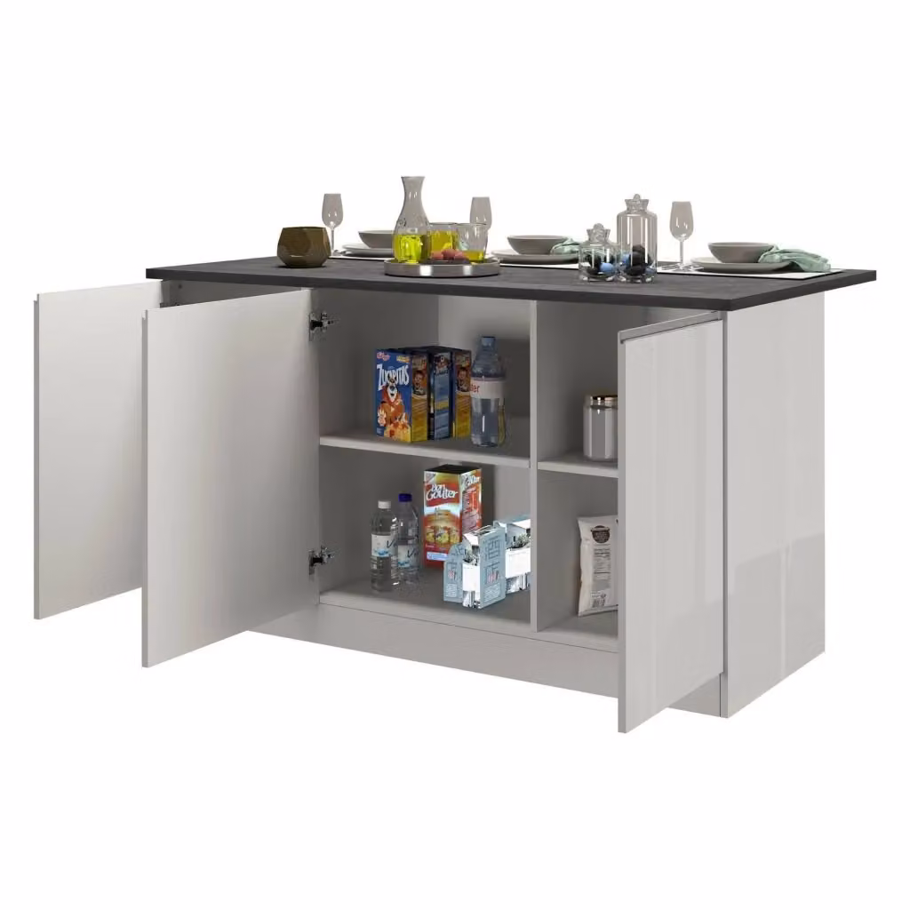 Isola da cucina Tartaro DMORA con 3 ante e ripiani interni, Bianco lucido e Ardesia, L: 155 cm, P: 90 cm, H: 90 cm – 2