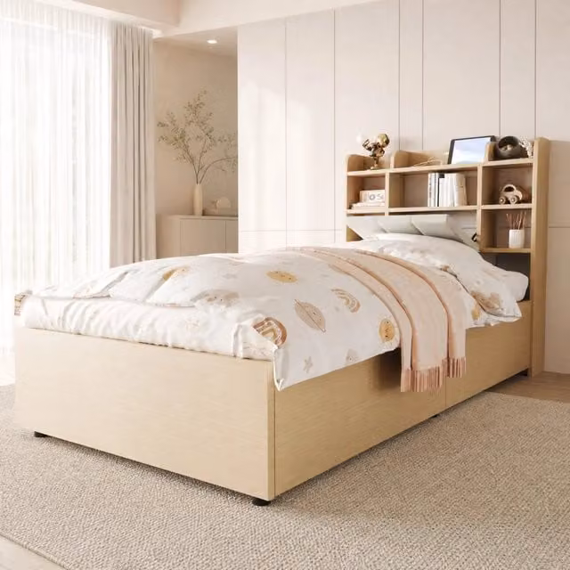 Letto singolo MODFU con sollevamento idraulico, testiera con vani portaoggetti e prese USB Type-C, colore beige e marrone, L/P: 90 x 200 cm