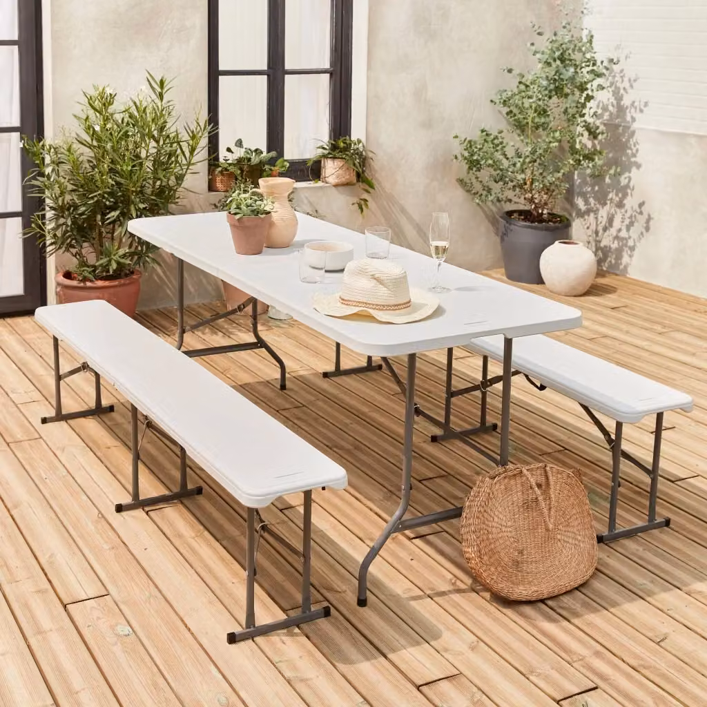 Set tavolo e panche pieghevoli Sweeek in plastica bianca per adulti – 2