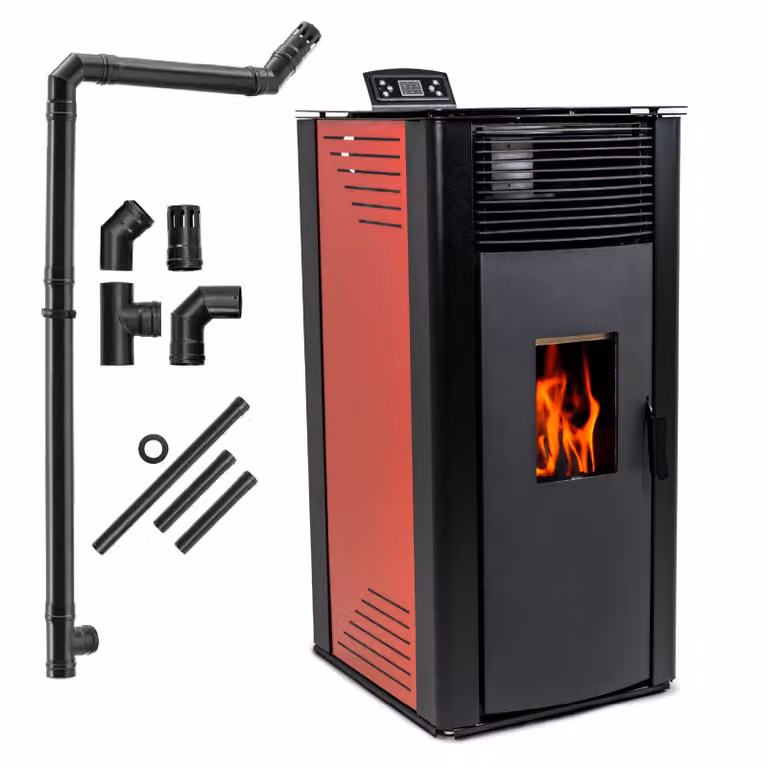 THUNDER® | GAREN RED | Stufa a pellet | 15kW | Set di tubi di collegamento Ø 80 mm | rosso