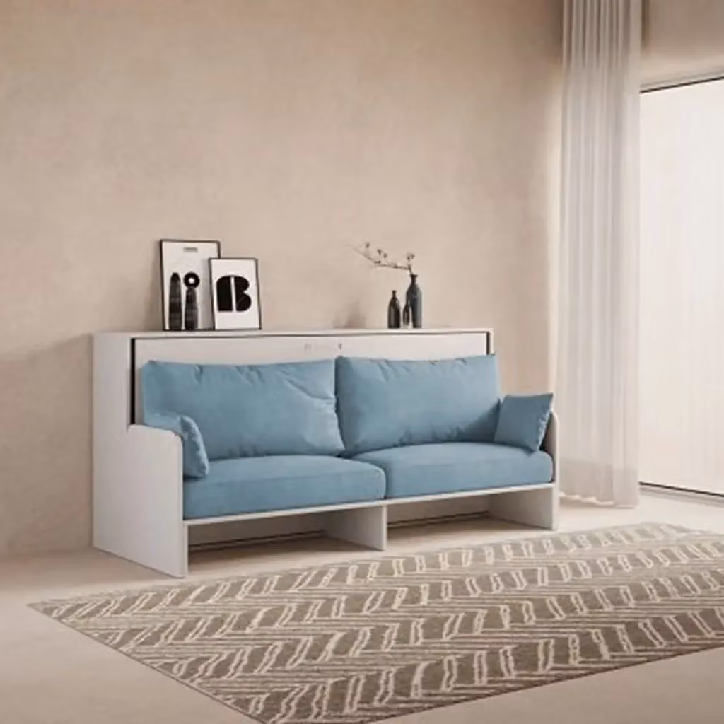 Letto singolo a scomparsa Kando Kivio con divano in tessuto bianco e azzurro, L/P/H: 90 x 190 cm – 2