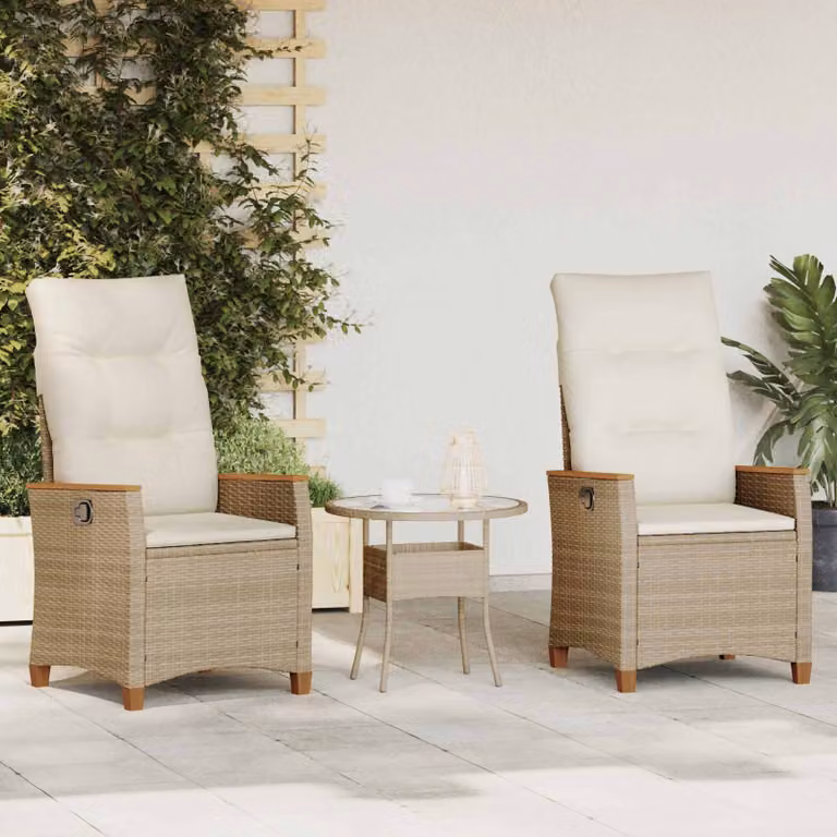 Sedia da giardino reclinabile vidaXL in rattan e legno di acacia con cuscini, Beige