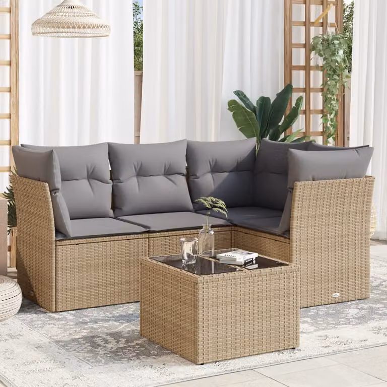 vidaXL Set Divano da Giardino 5 pz in Polyrattan con Cuscini Beige e Tavolino da Esterno