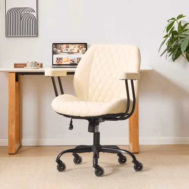 Sedia da ufficio ergonomica OKWISH in pelle bianca con braccioli e ruote per home office moderno