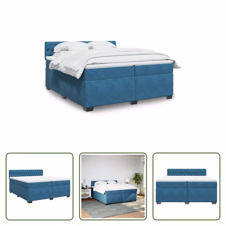 The Living Store Letto a molle con materasso blu 200x200 cm in velluto