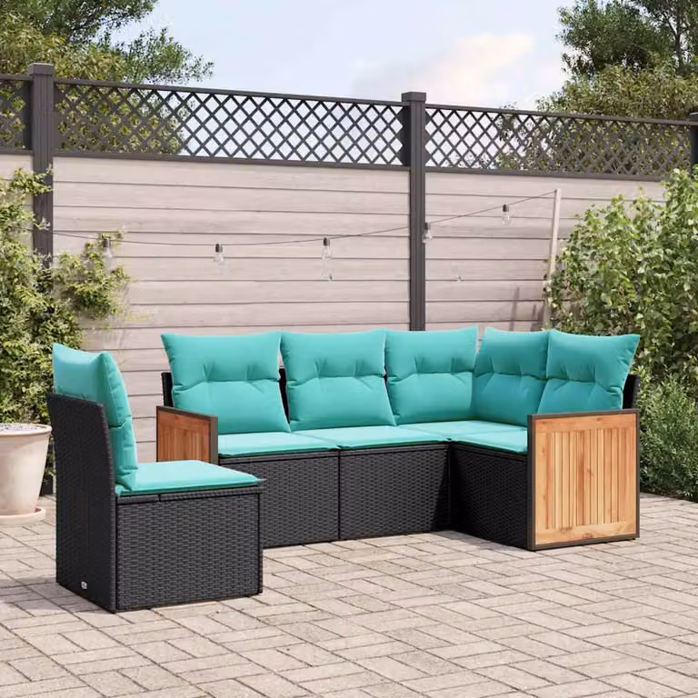 Set di divani da giardino vidaXL a forma di L con cuscini, struttura in metallo e rattan, colore nero, blu o turchese