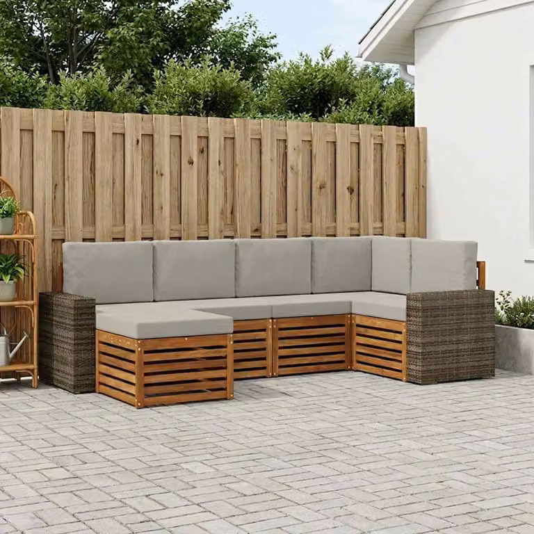 Set di divani da esterno vidaXL a forma di L composto da 6 pezzi in legno di acacia con cuscini, colore beige e grigio