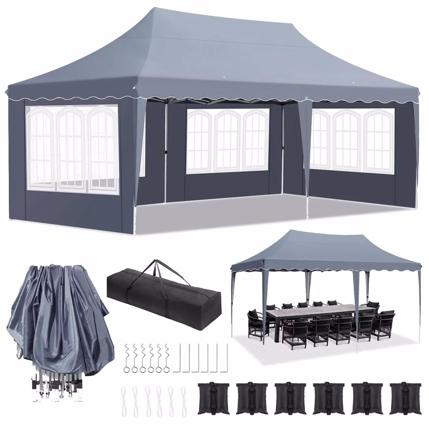 Gazebo da giardino - Tenda pieghevole per feste, dimensioni 3 x 6 metri - Materiale HDPE impermeabile, rivestito inPoliuretano- Struttura in alluminio - Con 4 pareti laterali - Colore grigio scuro