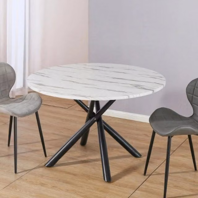 Tavolo rotondo Umbriel effetto marmo bianco con struttura in metallo nero