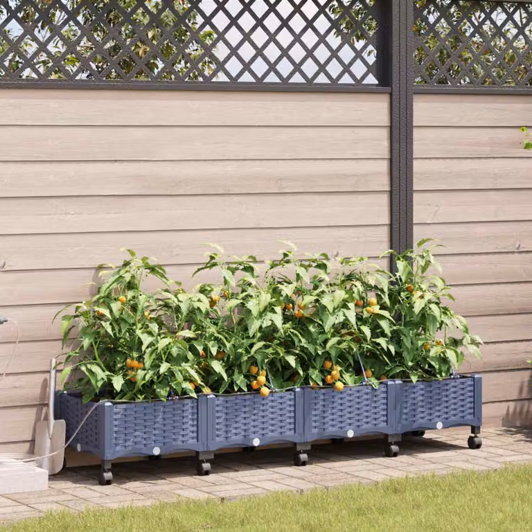 Set di 4 vasi da giardino con irrigazione e ruote vidaXL, colore grigio, in plastica