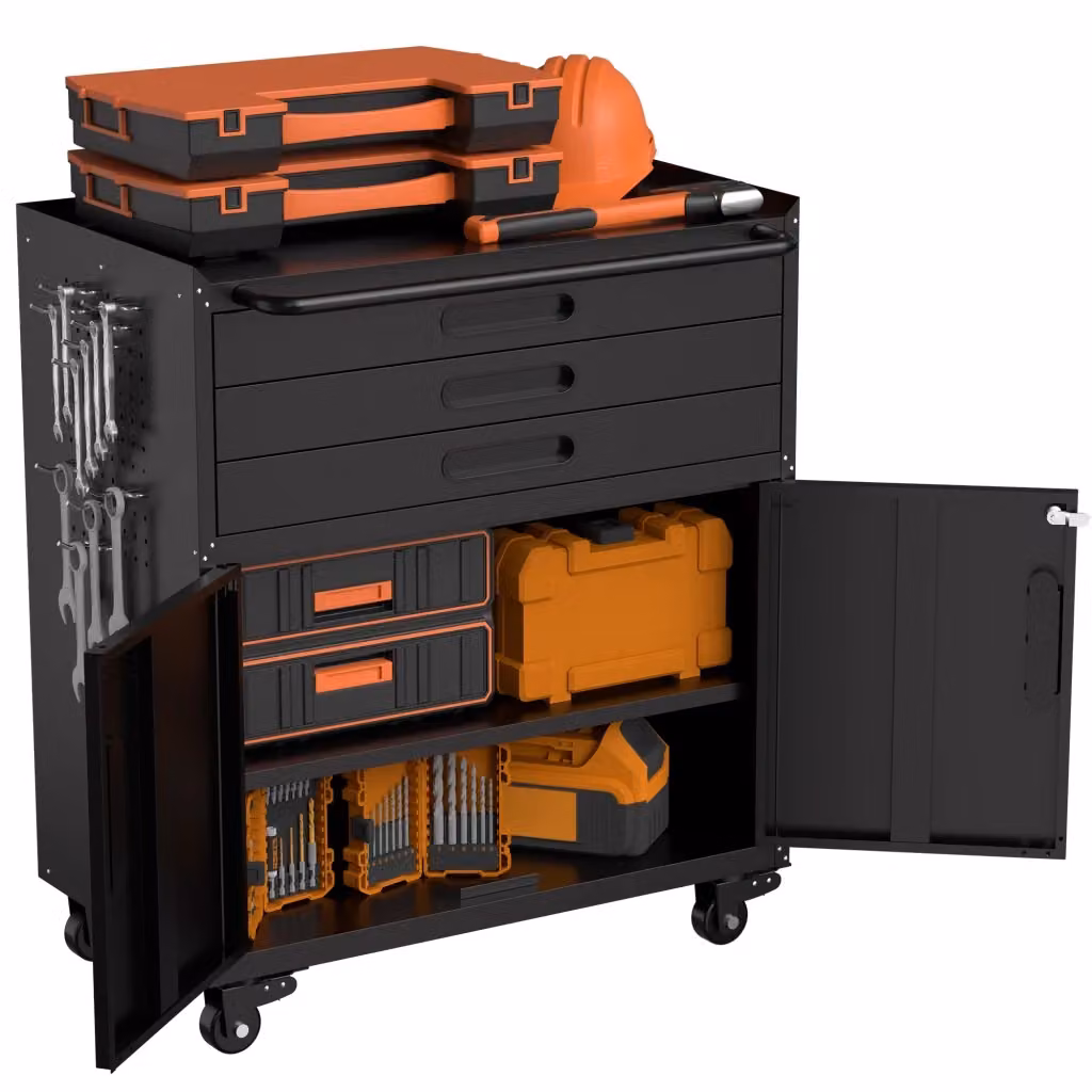 Armadio portautensili mobile REDOM in metallo nero con 3 cassetti e piano di lavoro, L: 75 cm, P: 42 cm, H: 87,3 cm – 2