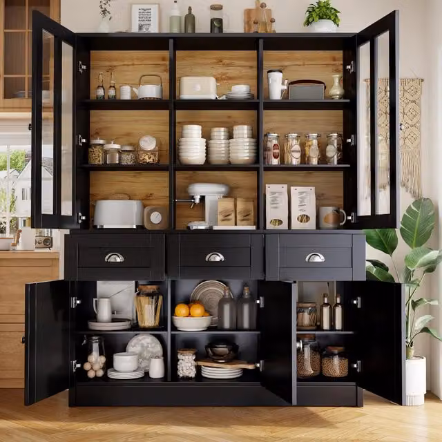 Mobile colonna da cucina Mivray nero con ante scorrevoli trasparenti e ripiani interni in MDF