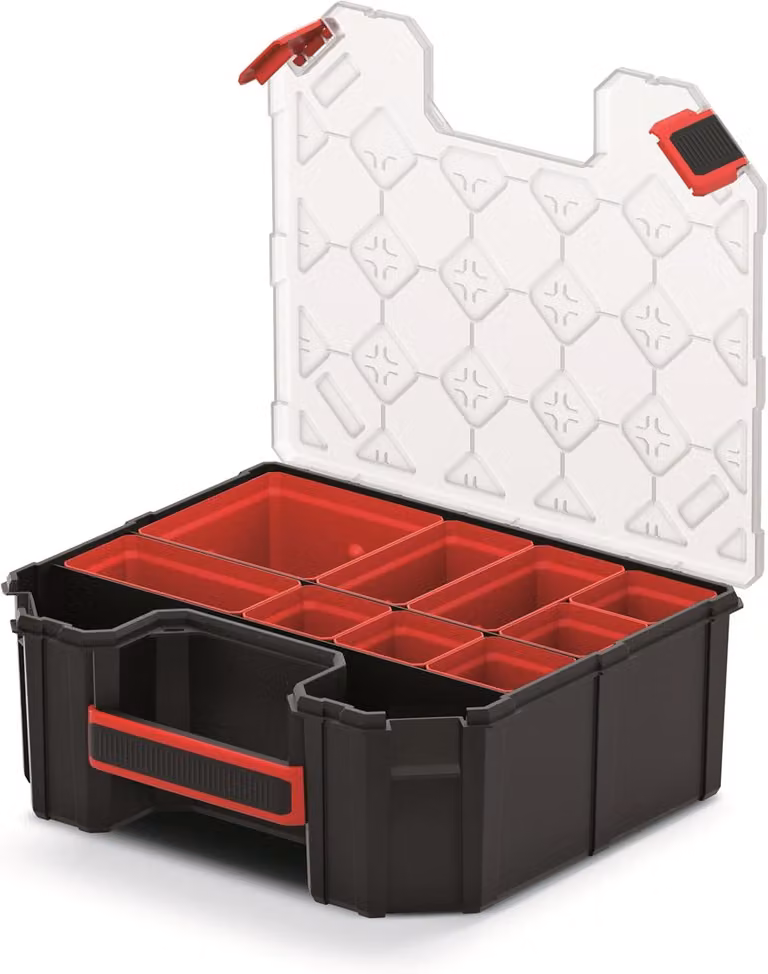 Contenitore assortimento con 7 scomparti estraibili, dimensioni 284 x 243 x 105 mm, ideale per la conservazione di piccoli oggetti