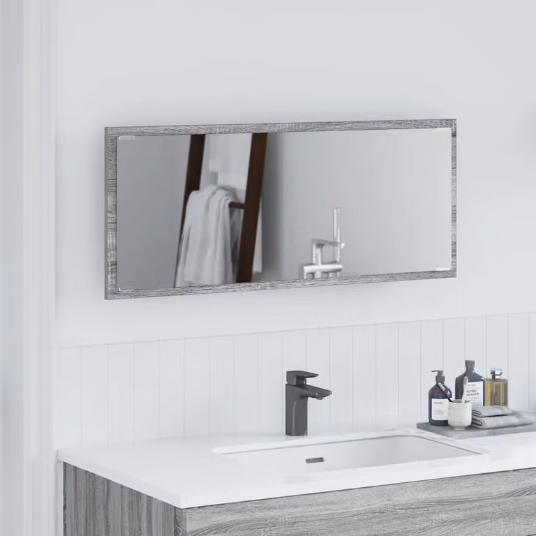Specchio da parete moderno vidaXL con luce LED in legno e vetro, Grigio, L: 90 cm, P: 8,5 cm, H: 37 cm