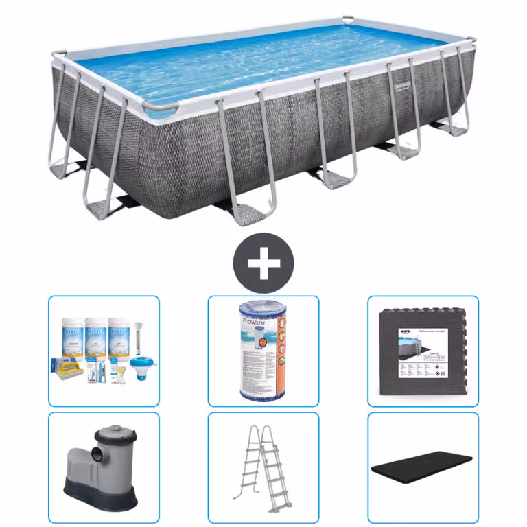 Piscina rettangolare Power Steel Bestway - stampa rattan - 549 x 274 x 122 - inclusa pompa - scaletta - copertura pacchetto manutenzione - filtro - pavimento in piastrelle