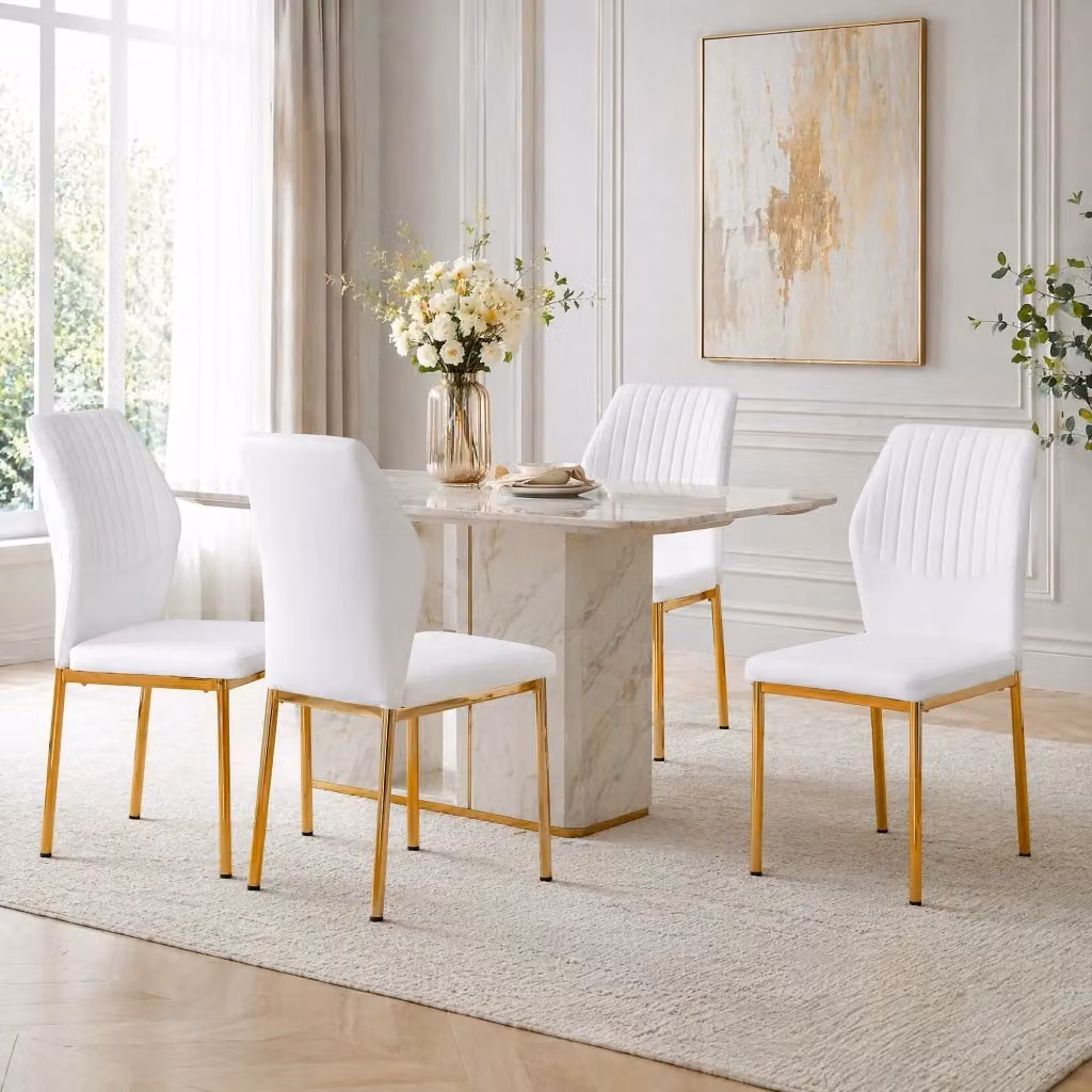 Set di 4 sedie da pranzo moderne MODFU in ecopelle bianca con gambe in metallo oro, Altezza: 93 cm – 2